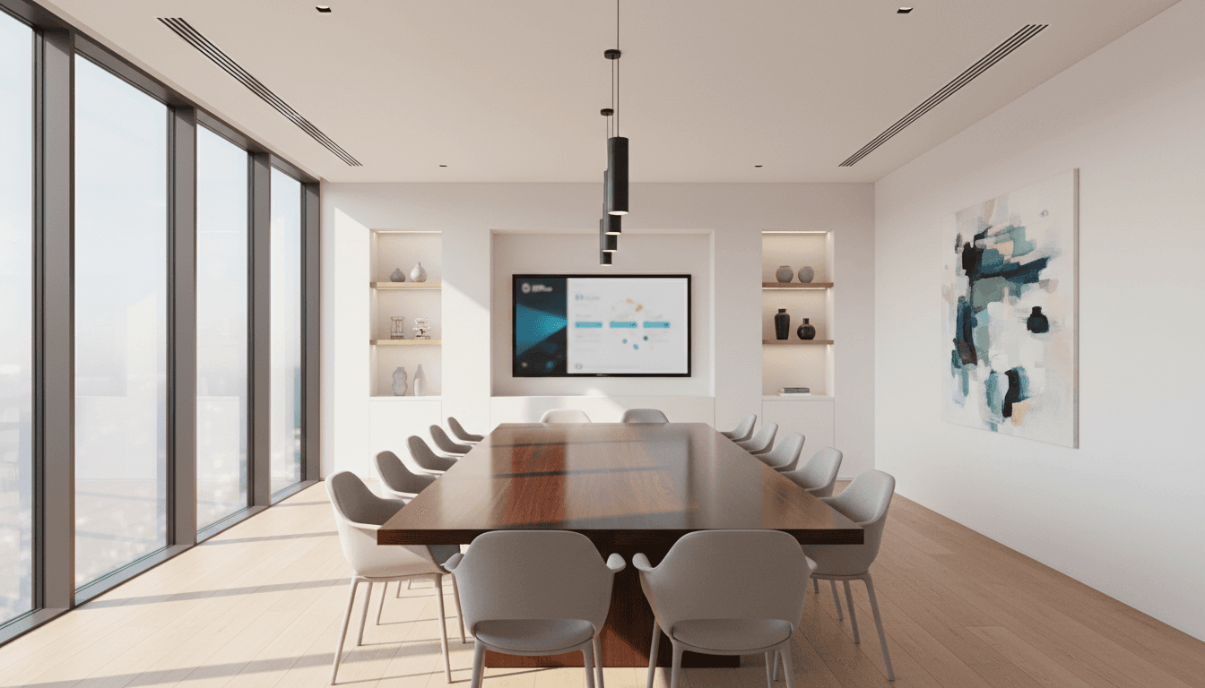 Modernes Konferenzlayout mit Präsentationstechnik und professioneller Atmosphäre für Webinare