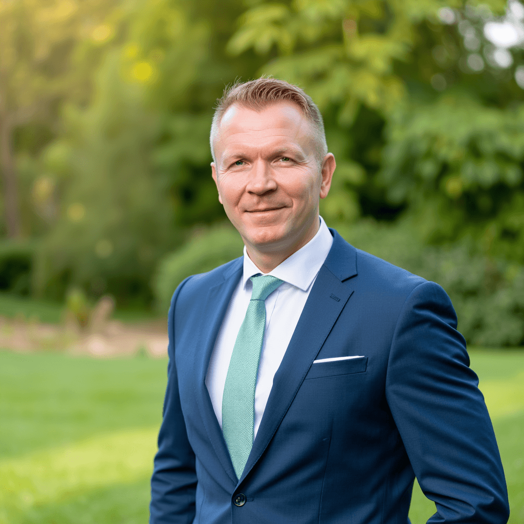 Ein lächelnder Mann im blauen Anzug und grüner Krawatte vor einem unscharfen grünen Parkhintergrund.